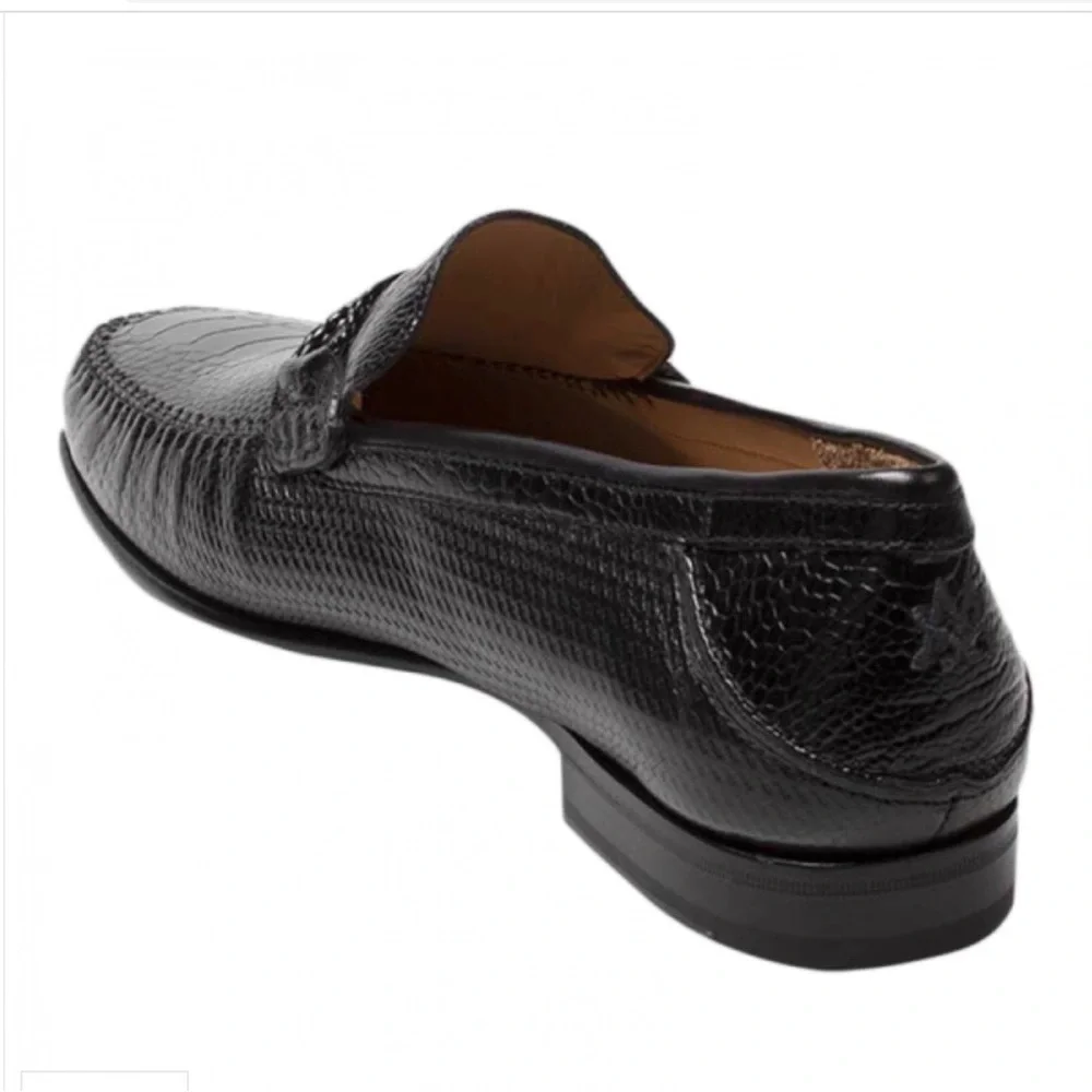 Mezlan Vesta Black Ostrich Woven Calfskin Moc Toe Bit Strap Loafers